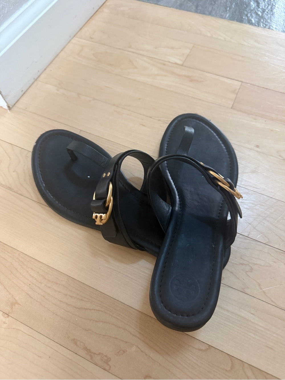 Tory Burch Black Leather Sandals with Gold Buckle